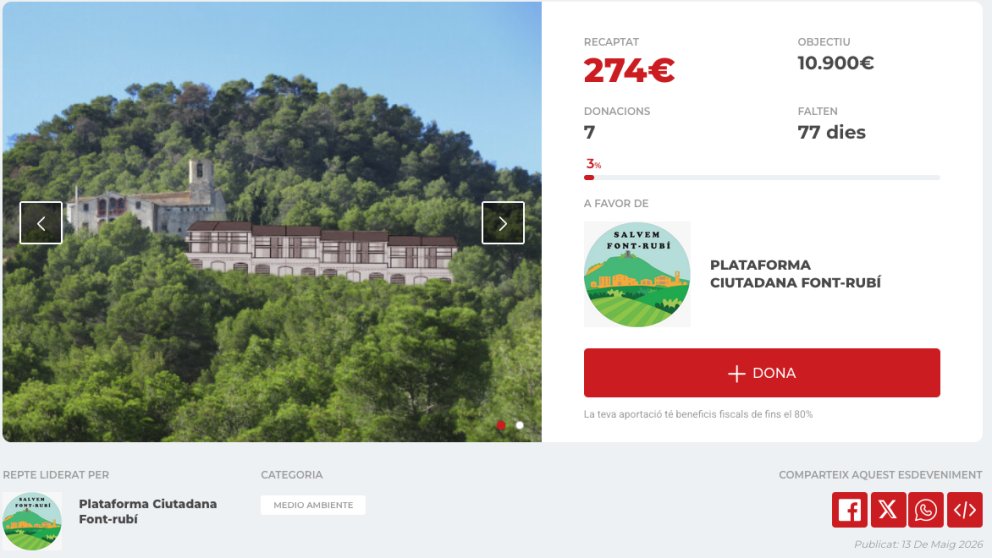 La Plataforma Ciutadana Font-rubí impulsa una campanya de micromecenatge per finançar la batalla judicial contra la urbanització de la UA-1